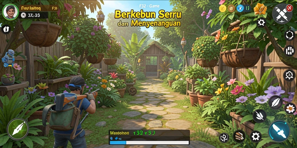 Tampilan gameplay menampilkan kebun yang indah dan beragam tanaman.