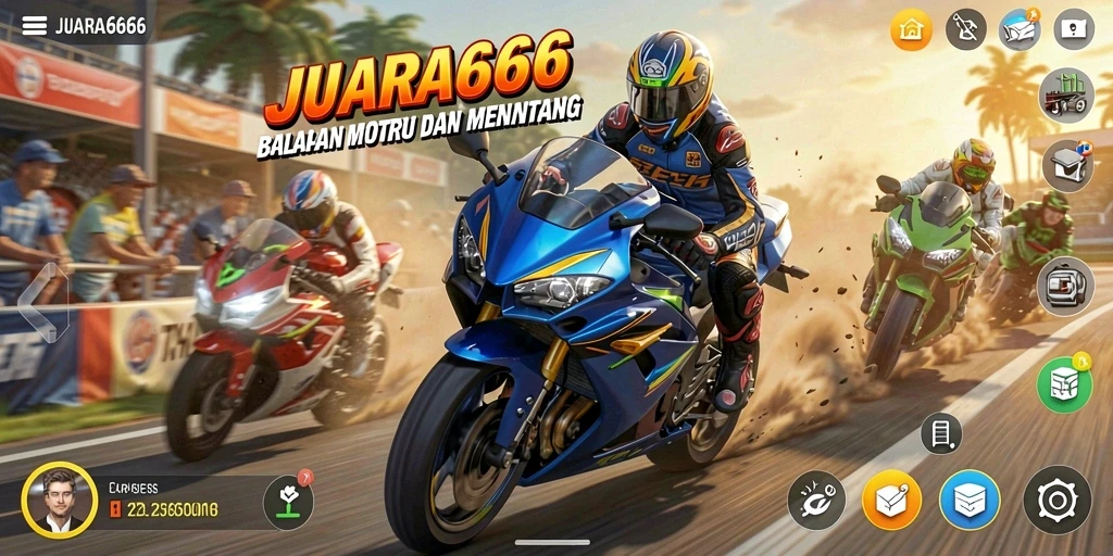 Tampilan gameplay JUARA666 dengan balapan motor yang seru dan menantang.