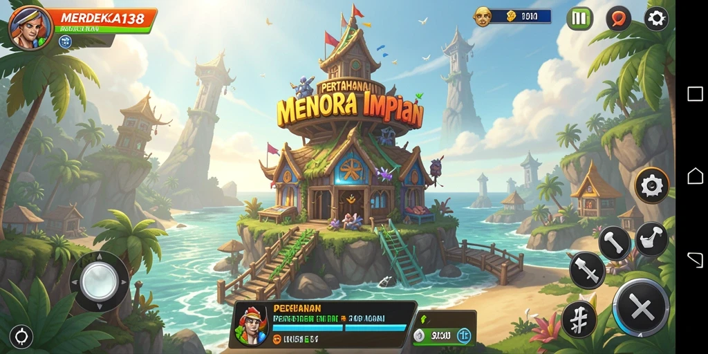 Tampilan gameplay seru dalam MERDEKA138, menara melawan gelombang musuh.