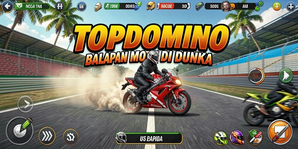 Screenshot gameplay <strong>TOPDOMINO</strong> menampilkan aksi balapan motor yang mendebarkan.