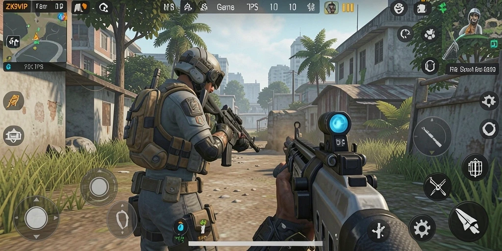 Screenshot utama ZK9VIP menampilkan aksi gameplay TPS yang mendebarkan.
